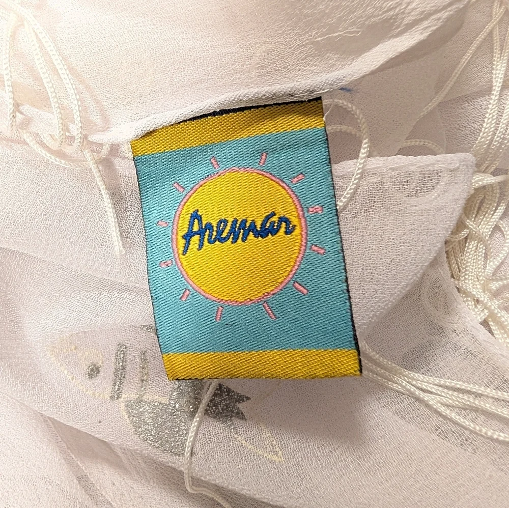 Aremar White Fish Print Scarf Tassel Trim Sheer Novelty Coastal